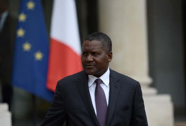 Nigerian businessman and Africa’s richest man Aliko Dangote leaves the Elysee presidential Palace following a meeting between French President and French and African businessmen on October 7, 2016 at in Paris. / AFP / STEPHANE DE SAKUTIN (Photo credit should read STEPHANE DE SAKUTIN/AFP via Getty Images)